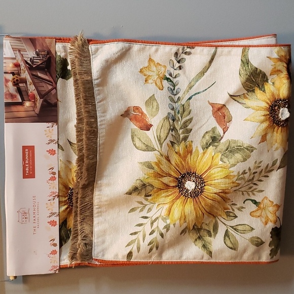 The Farmhouse Rachel Ashwell 72 x 16 Beaded Sunflower Fringed Table Runner - Picture 1 of 8